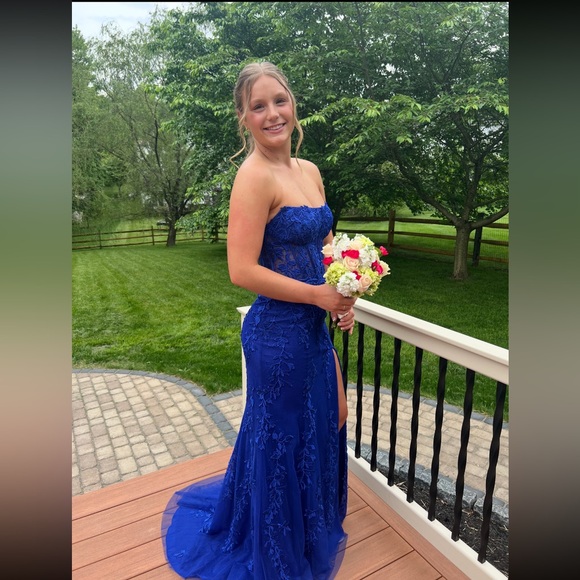 Sherri Hill Blue Strapless Prom Gown - Picture 4 of 12